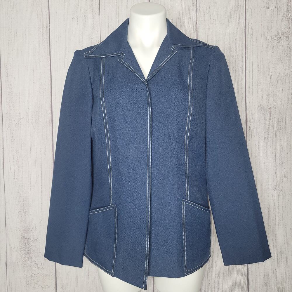 Handmade Blue Chambray Dagger Collar Buttonless Open Front Blazer